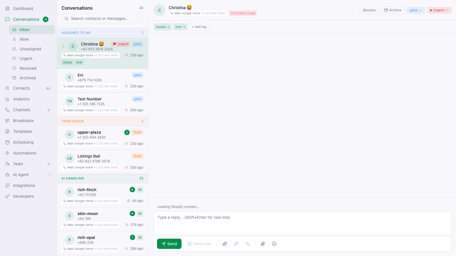 Unified inbox with a live conversation thread open and an AI-handled queue visible.